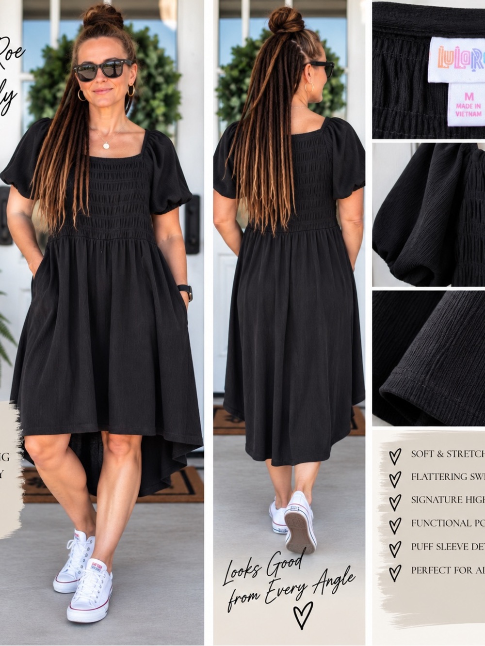 LuLaRoe Black High-Low Smocked Waist Puff-Sleeve Dress